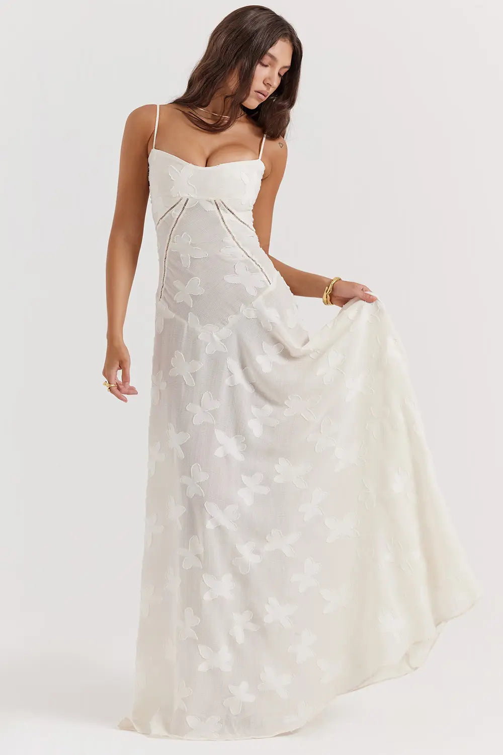 Sheer floral bustier maxi dress with spaghetti straps and flowing floor-length skirt - view 18