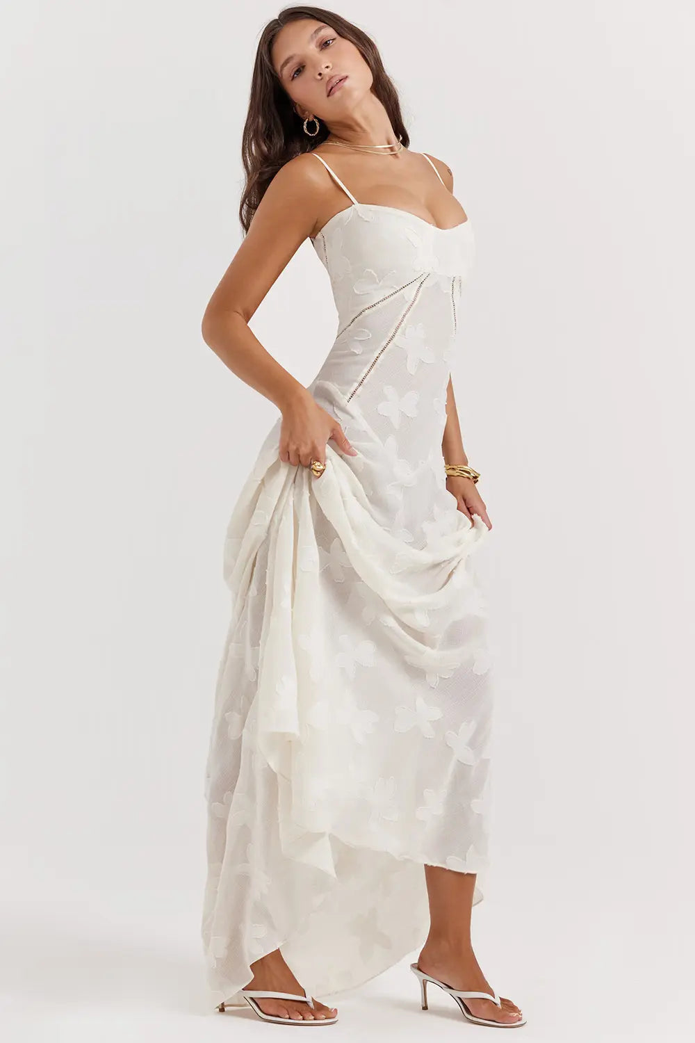 Sheer floral bustier maxi dress with spaghetti straps and flowing floor-length skirt - view 20