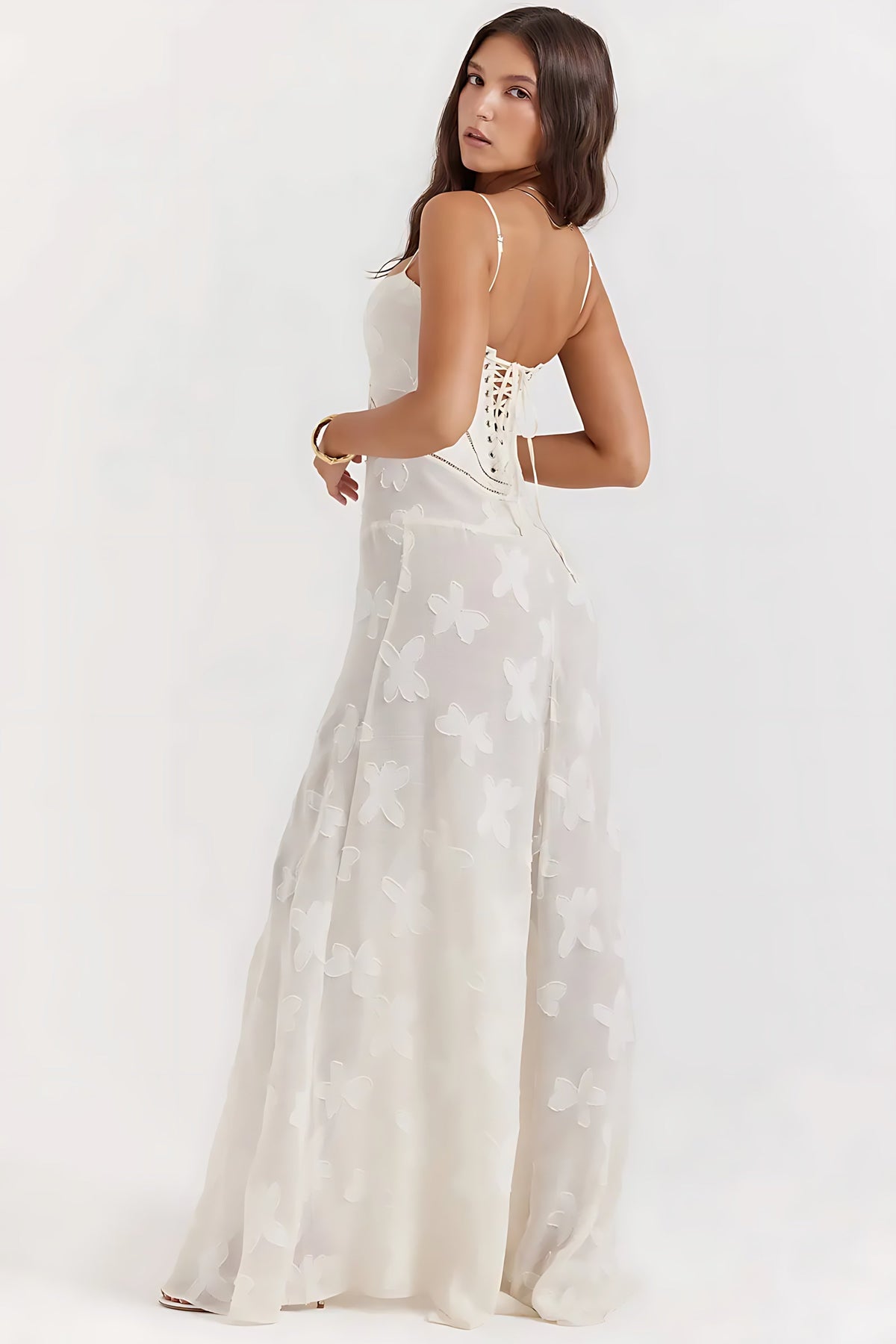 Sheer floral bustier maxi dress with spaghetti straps and flowing floor-length skirt - view 21