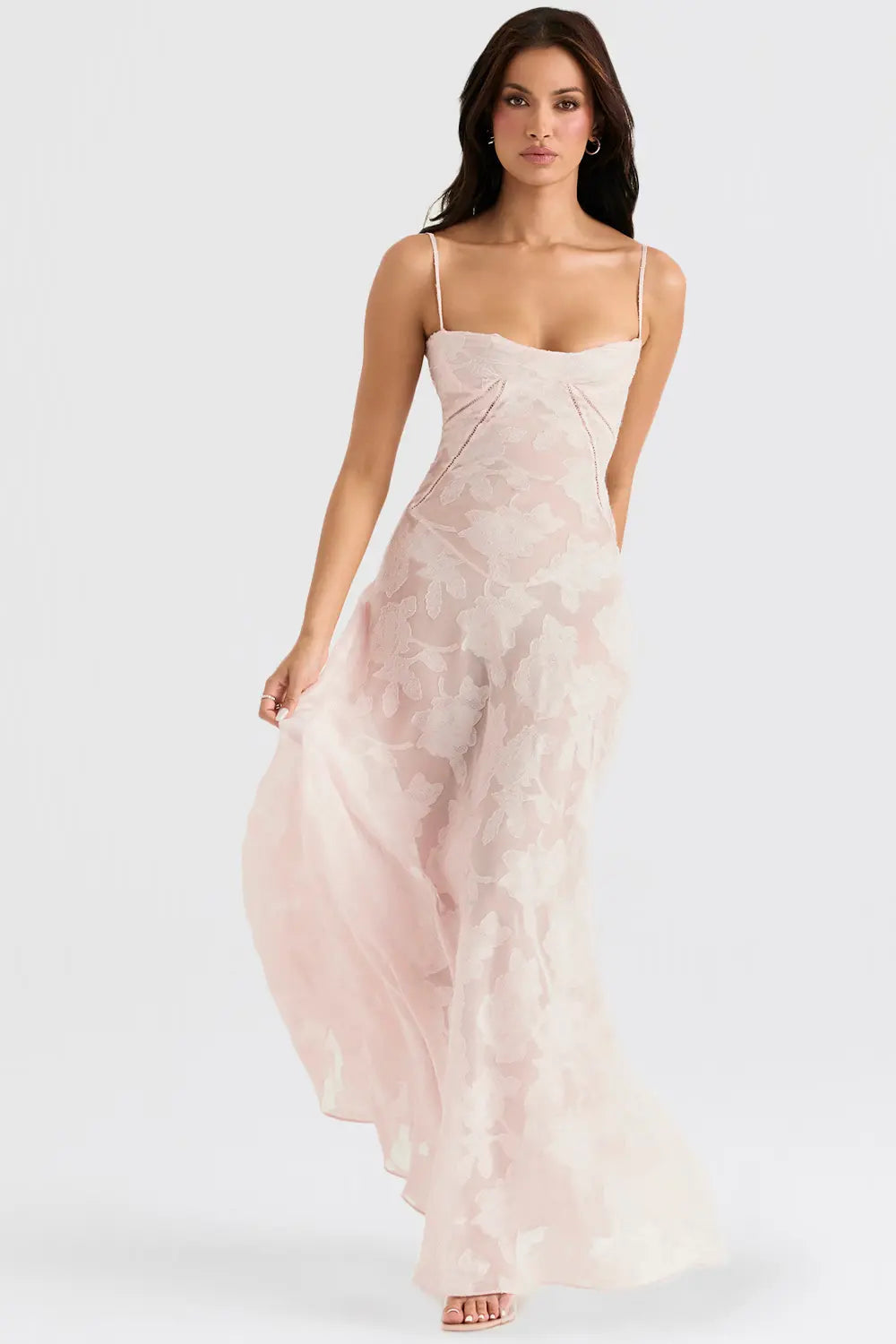 Sheer floral bustier maxi dress with spaghetti straps and flowing floor-length skirt - view 24
