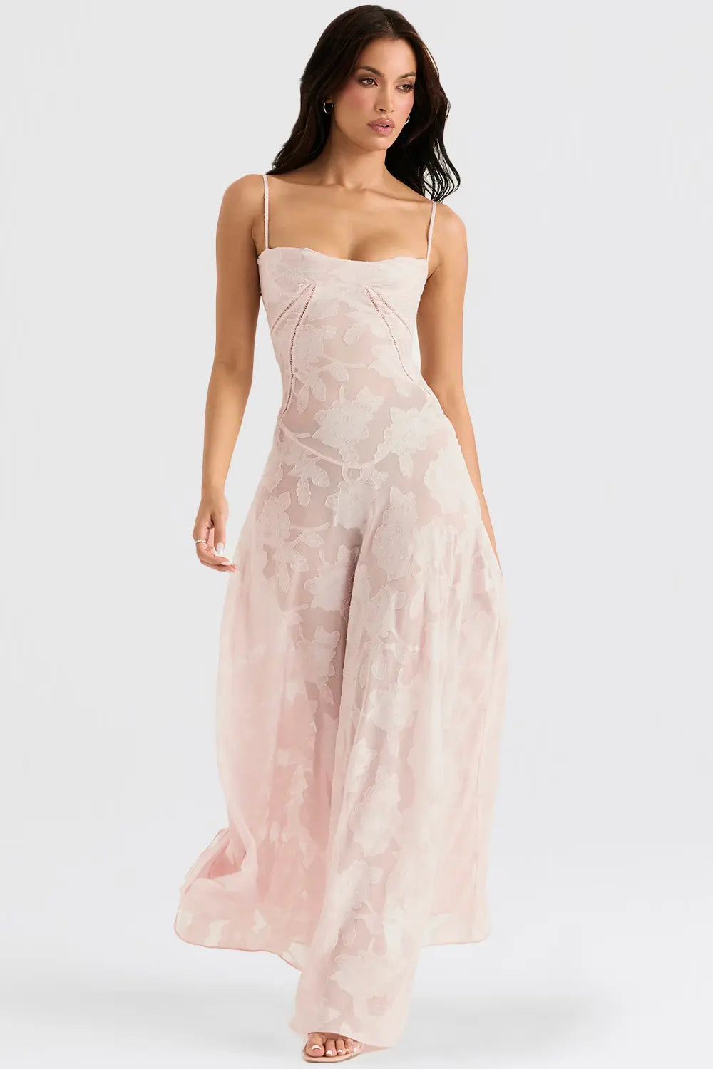 Sheer floral bustier maxi dress with spaghetti straps and flowing floor-length skirt - view 25