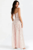 Sheer floral bustier maxi dress with spaghetti straps and flowing floor-length skirt - view 26