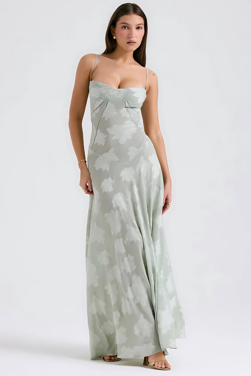 Sheer floral bustier maxi dress with spaghetti straps and flowing floor-length skirt - view 30
