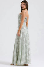 Sheer floral bustier maxi dress with spaghetti straps and flowing floor-length skirt - view 32