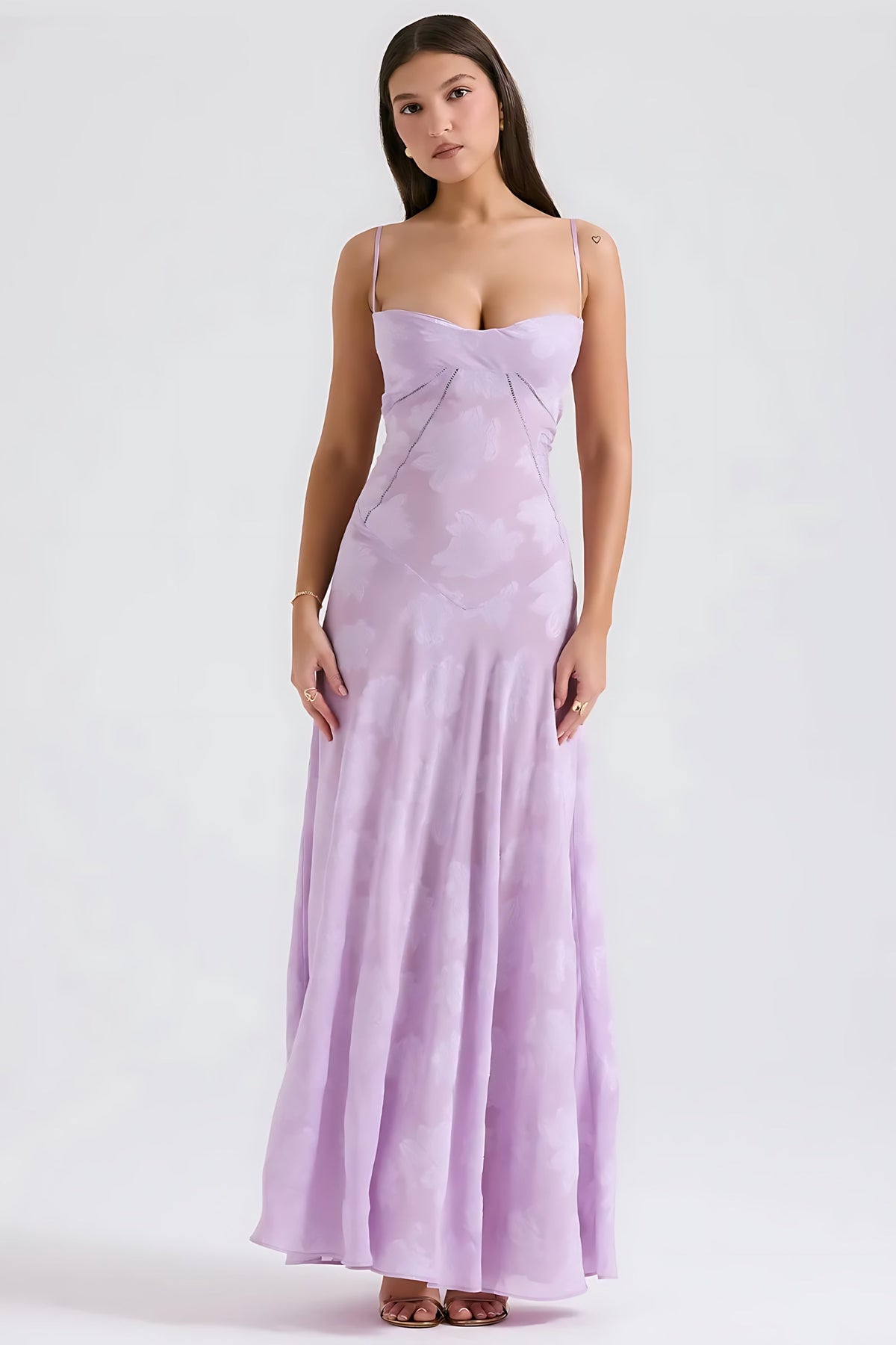Sheer floral bustier maxi dress with spaghetti straps and flowing floor-length skirt - view 34