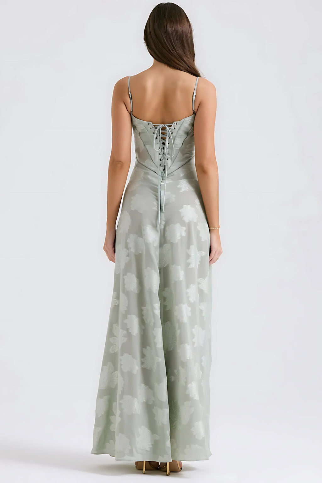 Sheer floral bustier maxi dress with spaghetti straps and flowing floor-length skirt - view 38