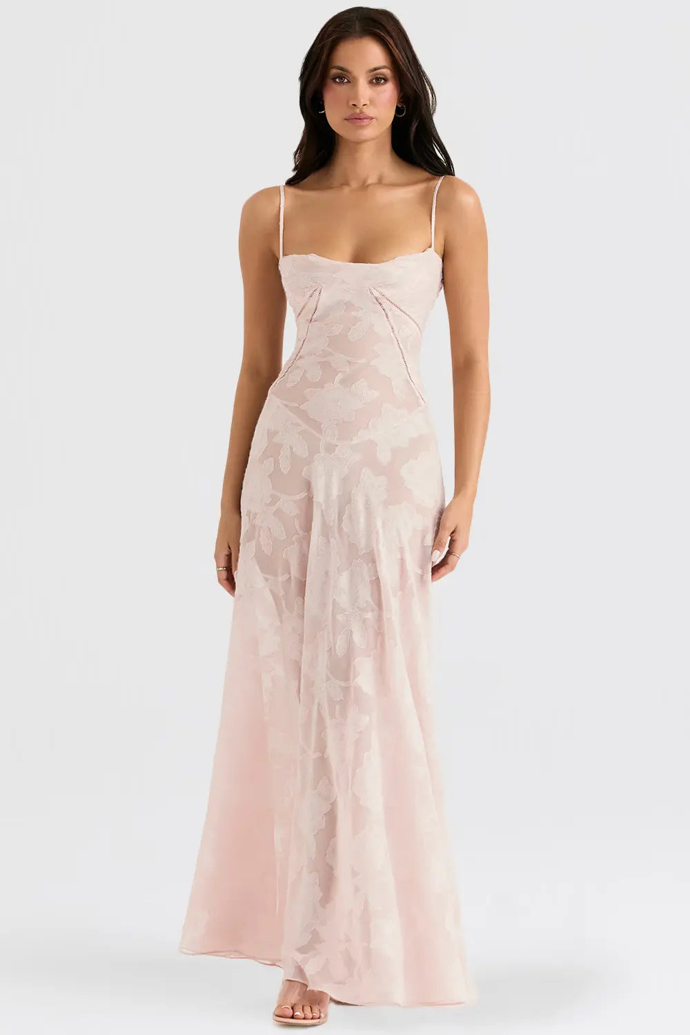 Sheer floral bustier maxi dress with spaghetti straps and flowing floor-length skirt - view 4