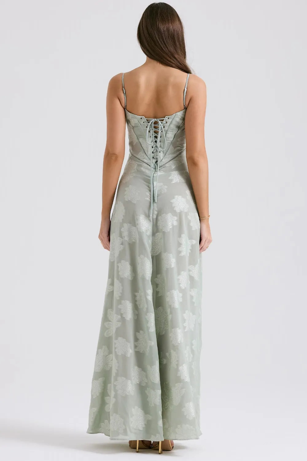 Sheer floral bustier maxi dress with spaghetti straps and flowing floor-length skirt - view 41