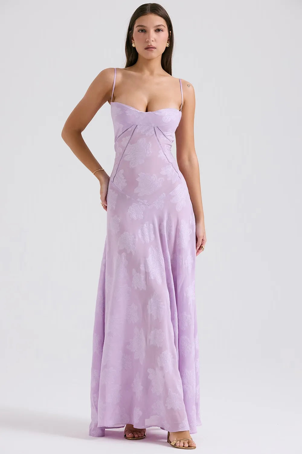 Sheer floral bustier maxi dress with spaghetti straps and flowing floor-length skirt - view 42