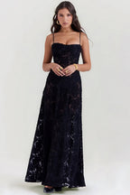 Sheer floral bustier maxi dress with spaghetti straps and flowing floor-length skirt - view 6
