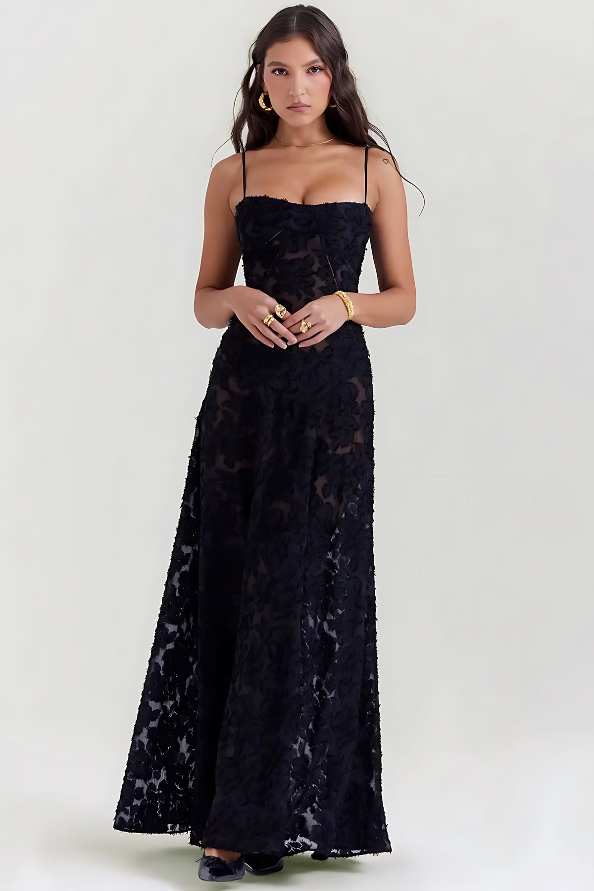 Sheer floral bustier maxi dress with spaghetti straps and flowing floor-length skirt - view 6