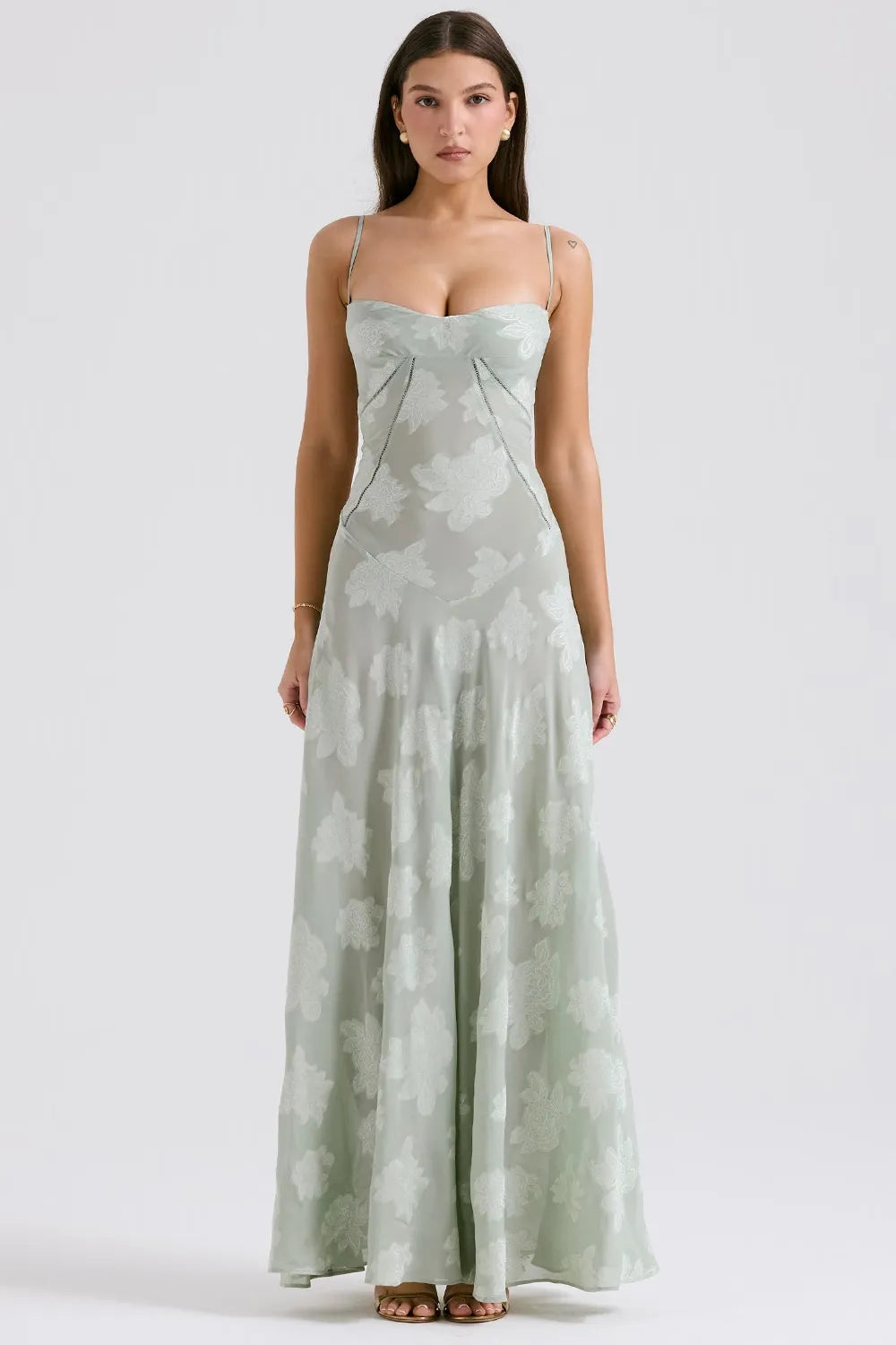 Sheer floral bustier maxi dress with spaghetti straps and flowing floor-length skirt - view 8