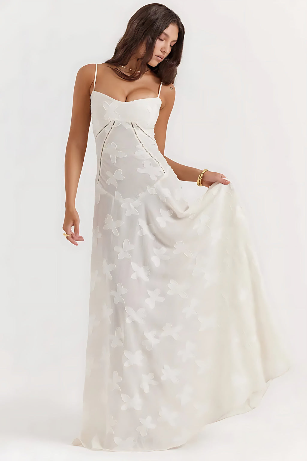 Sheer floral bustier maxi dress with spaghetti straps and flowing floor-length skirt - view 9