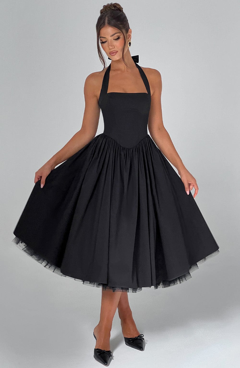 Fit and flare halter midi dress with full gathered skirt and tulle hem - view 10