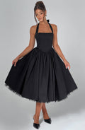 Fit and flare halter midi dress with full gathered skirt and tulle hem - view 10