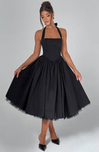 Fit and flare halter midi dress with full gathered skirt and tulle hem - view 10
