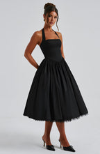 Fit and flare halter midi dress with full gathered skirt and tulle hem - view 11