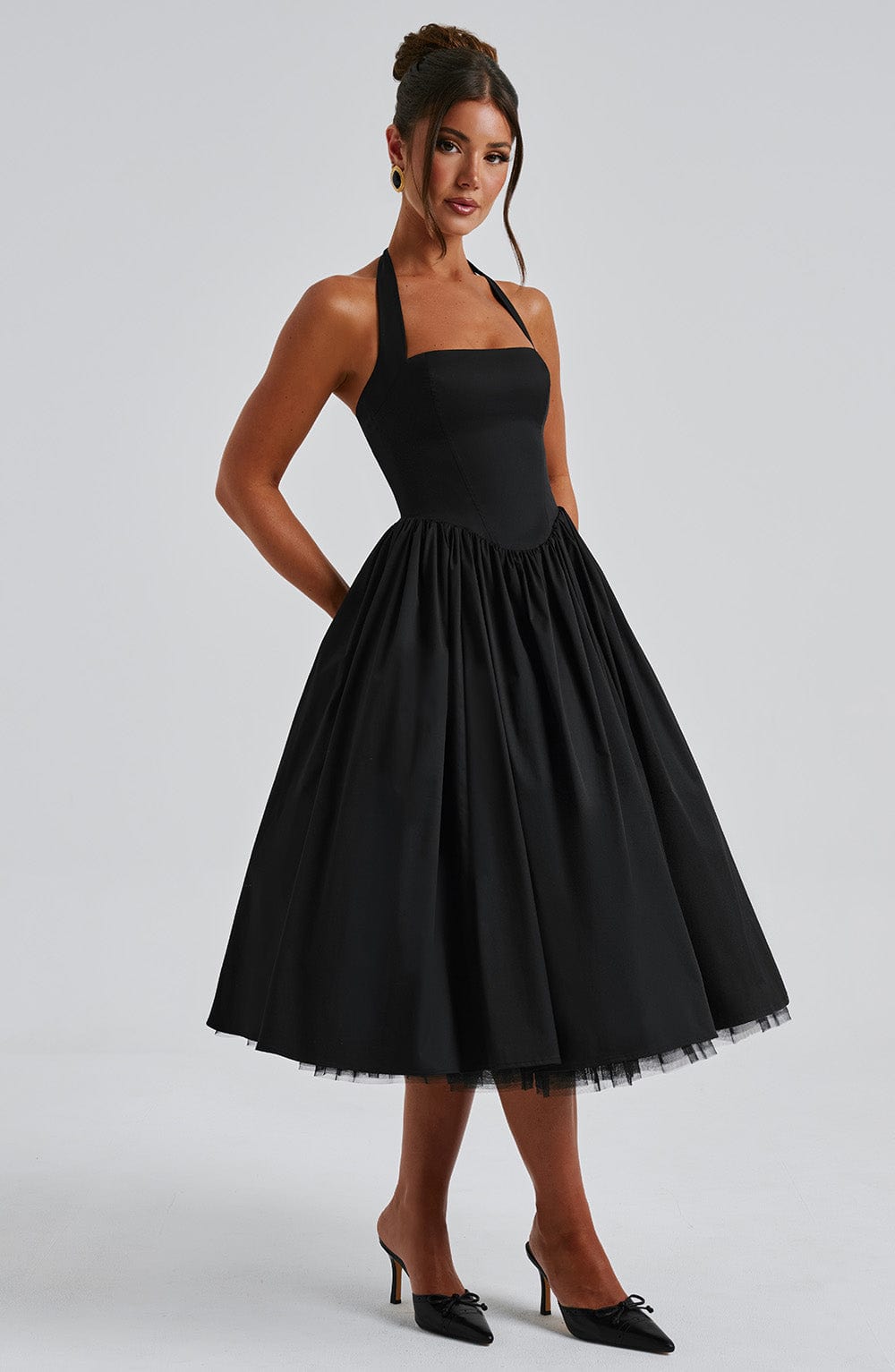 Fit and flare halter midi dress with full gathered skirt and tulle hem - view 11