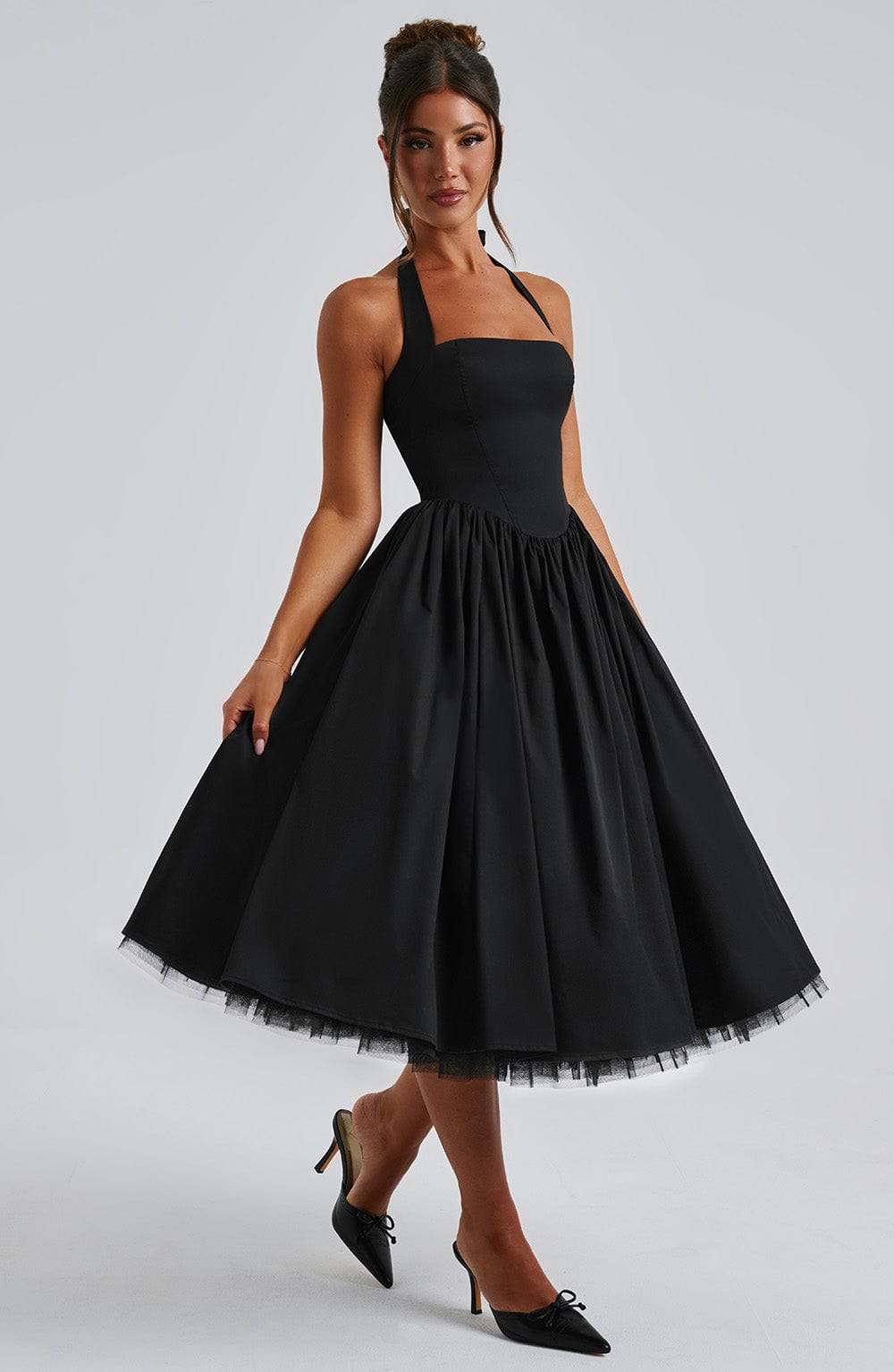 Fit and flare halter midi dress with full gathered skirt and tulle hem - view 12
