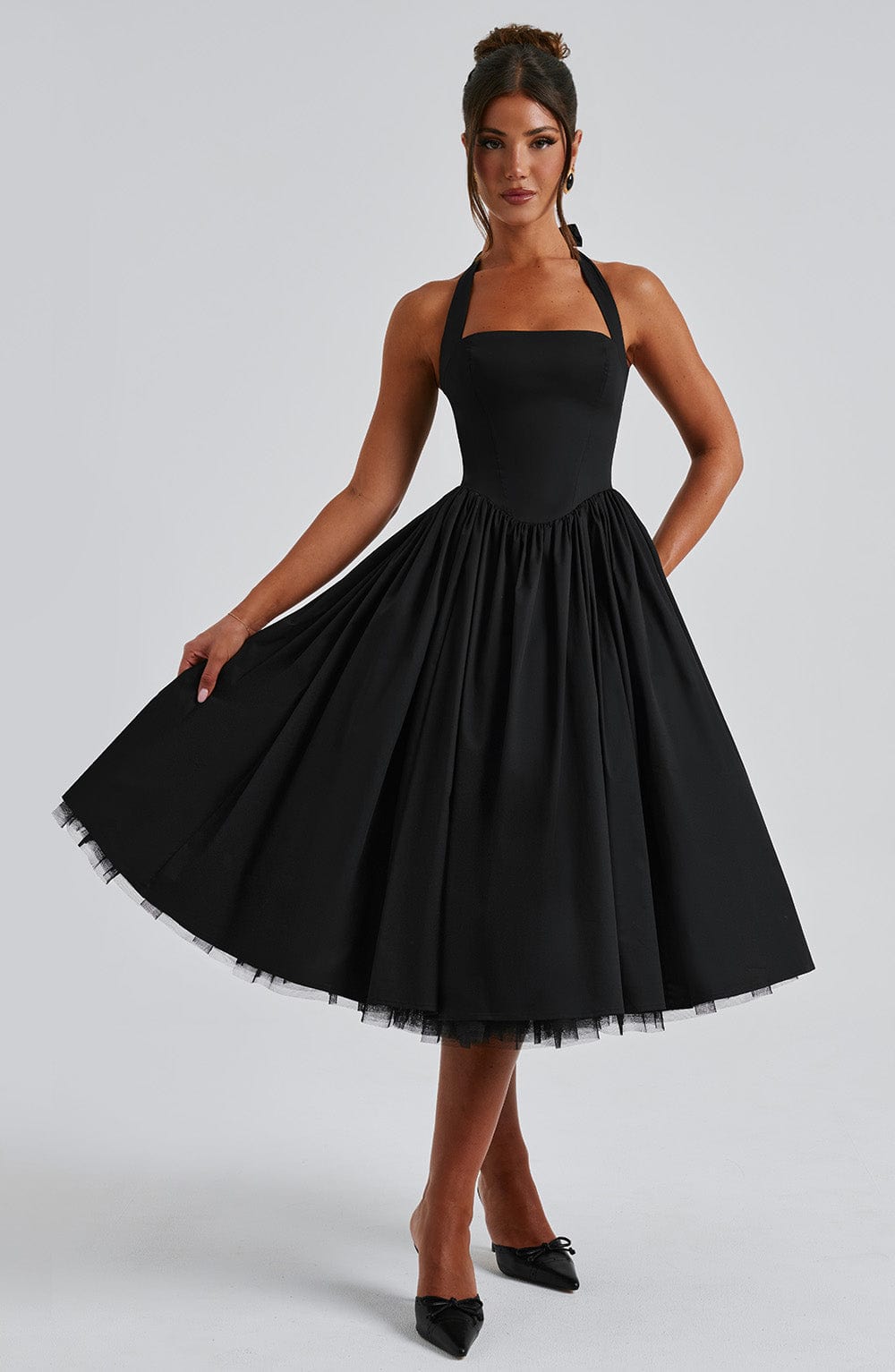 Fit and flare halter midi dress with full gathered skirt and tulle hem - view 13