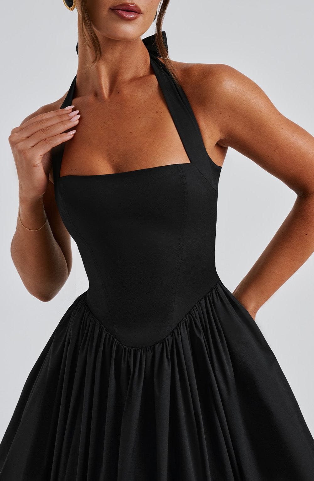 Fit and flare halter midi dress with full gathered skirt and tulle hem - view 14