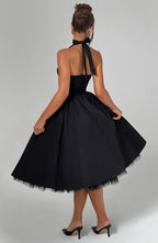 Fit and flare halter midi dress with full gathered skirt and tulle hem - view 15
