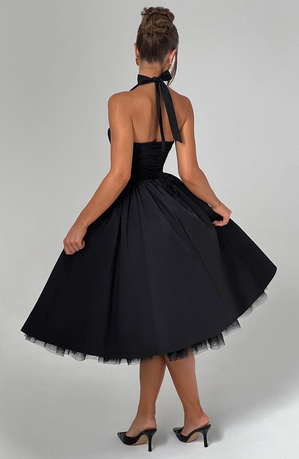 Fit and flare halter midi dress with full gathered skirt and tulle hem - view 15