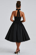 Fit and flare halter midi dress with full gathered skirt and tulle hem - view 16