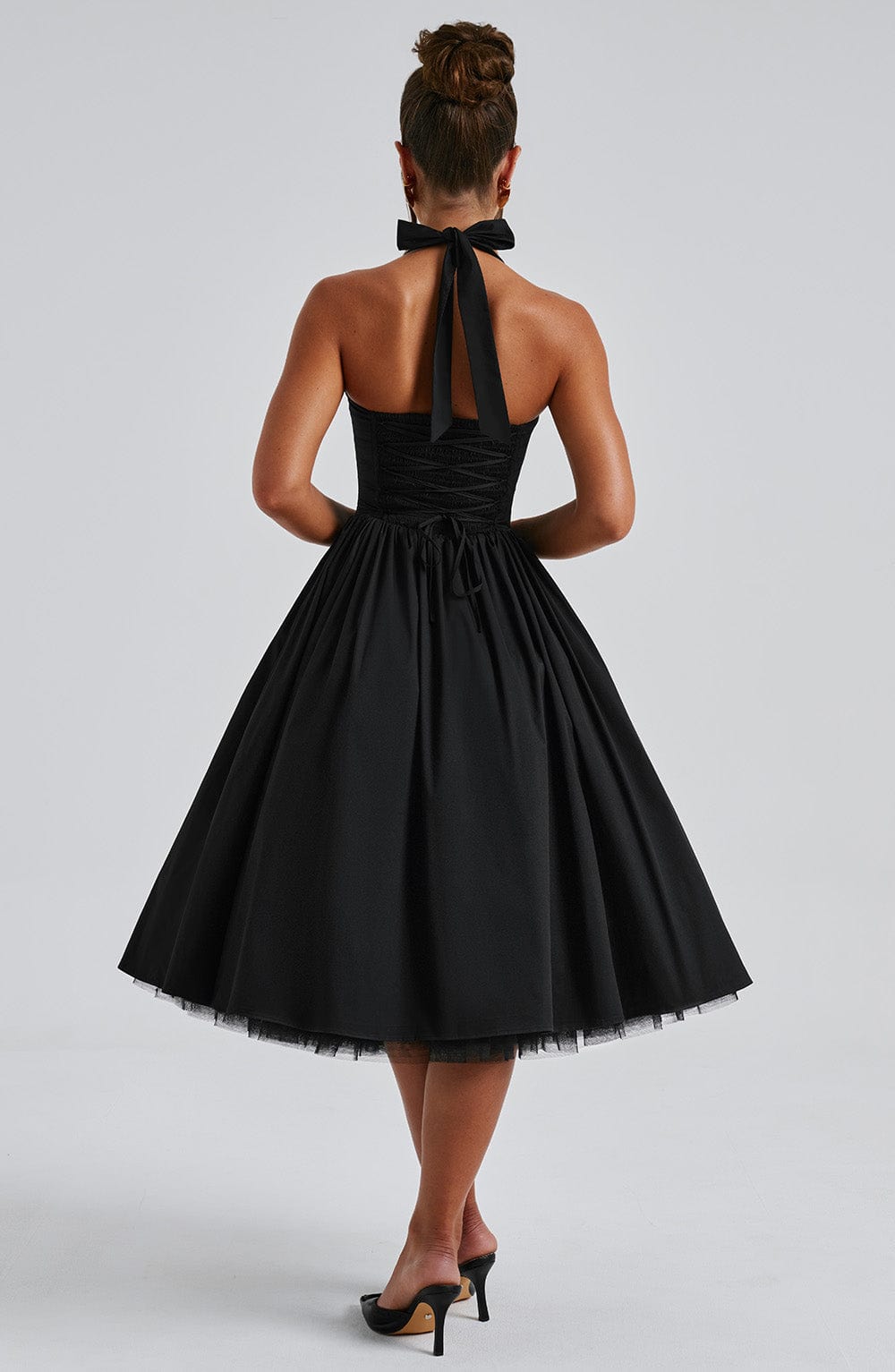 Fit and flare halter midi dress with full gathered skirt and tulle hem - view 16