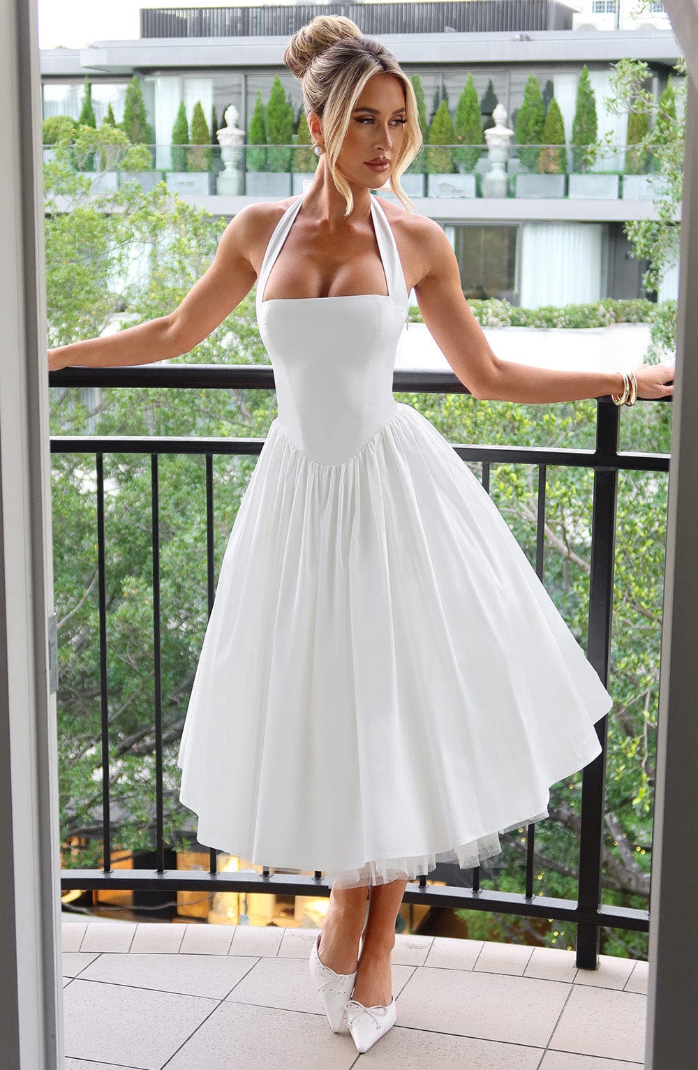 Fit and flare halter midi dress with full gathered skirt and tulle hem - view 2