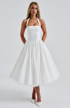 Fit and flare halter midi dress with full gathered skirt and tulle hem - view 5