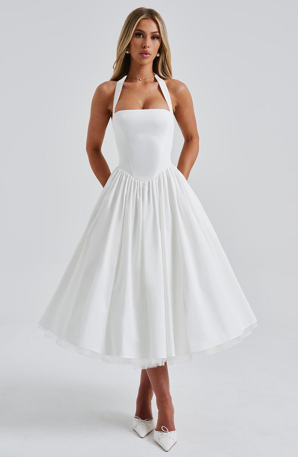 Fit and flare halter midi dress with full gathered skirt and tulle hem - view 5