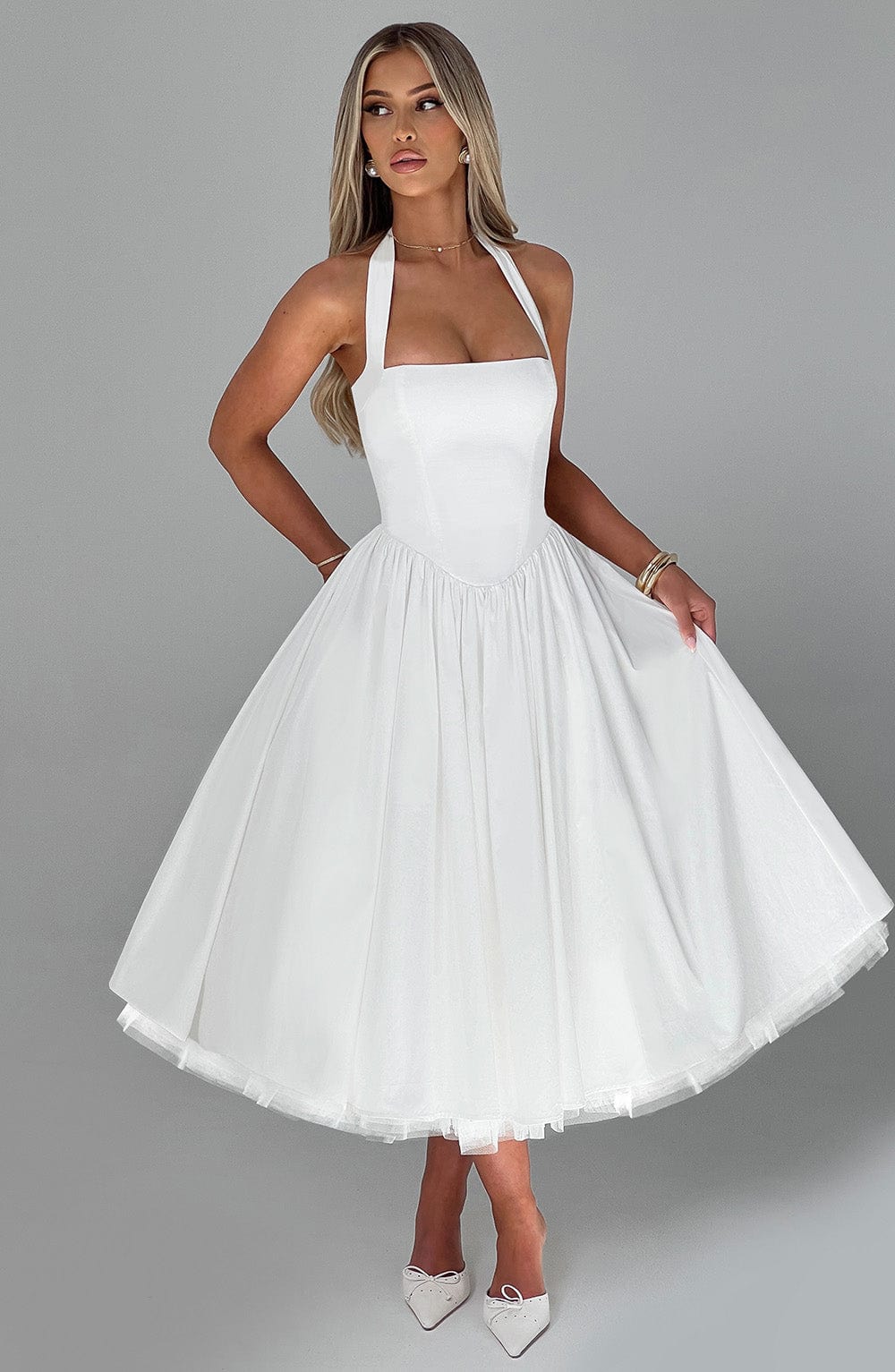 Fit and flare halter midi dress with full gathered skirt and tulle hem - view 7