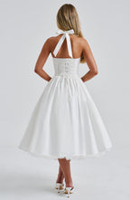 Fit and flare halter midi dress with full gathered skirt and tulle hem - view 8
