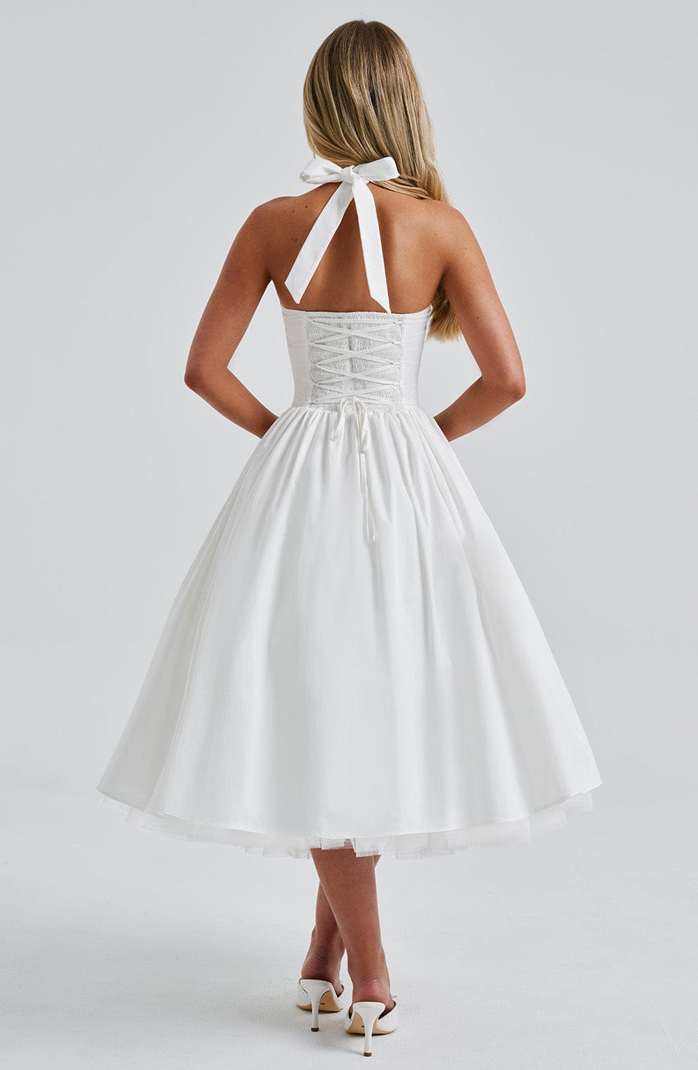 Fit and flare halter midi dress with full gathered skirt and tulle hem - view 8