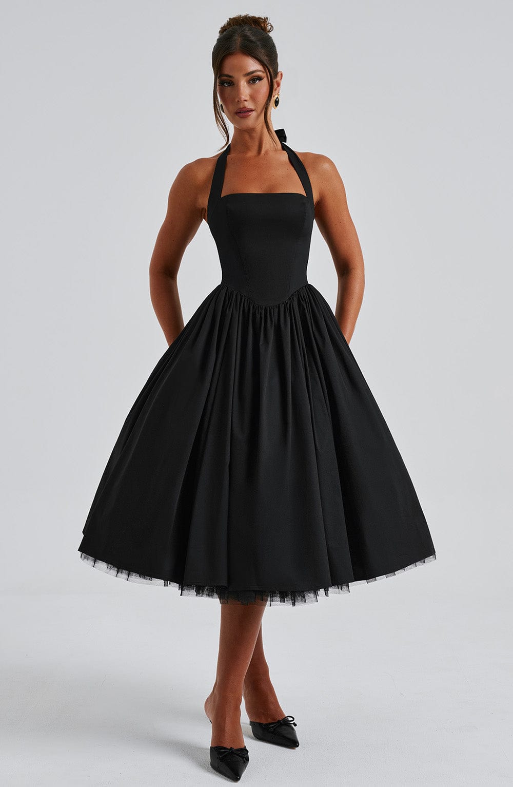 Fit and flare halter midi dress with full gathered skirt and tulle hem - view 9