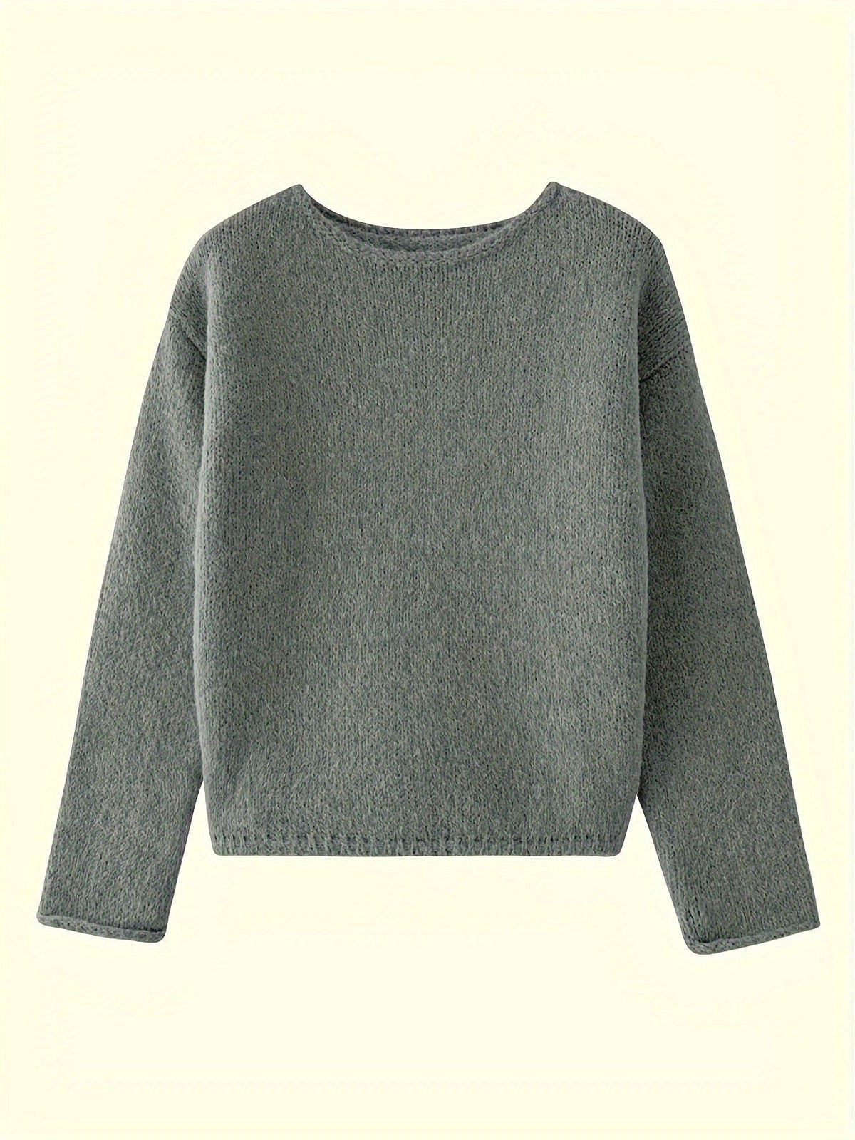 Women's oversized fuzzy knit sweater with wide round neckline layered over a white shirt - view 10