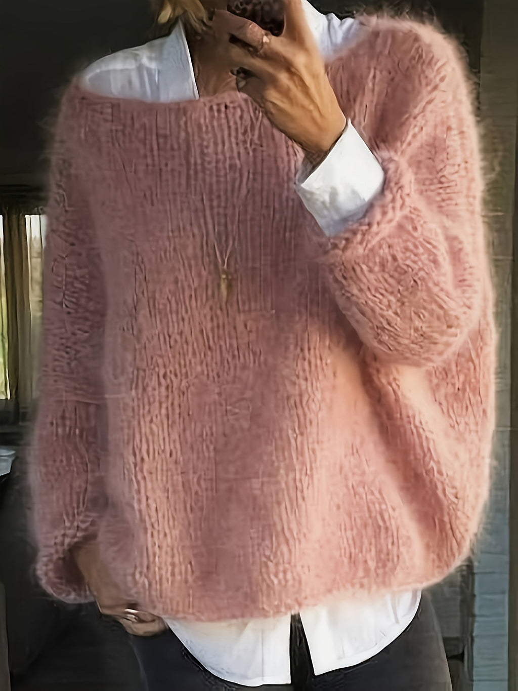 Women's oversized fuzzy knit sweater with wide round neckline layered over a white shirt - view 3