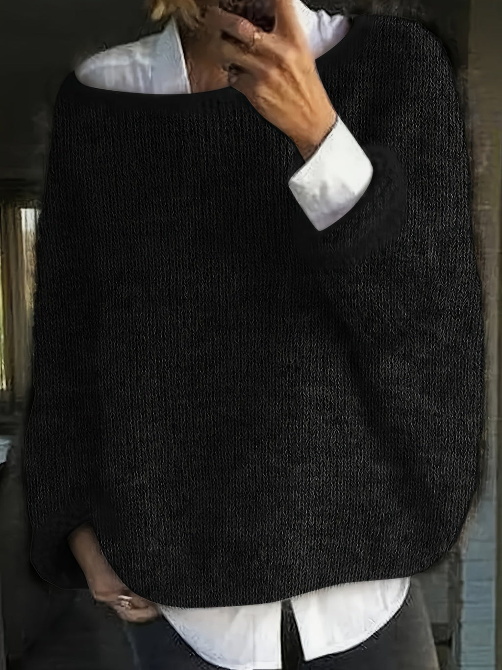 Women's oversized fuzzy knit sweater with wide round neckline layered over a white shirt - view 4