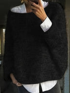Women's oversized fuzzy knit sweater with wide round neckline layered over a white shirt - view 4