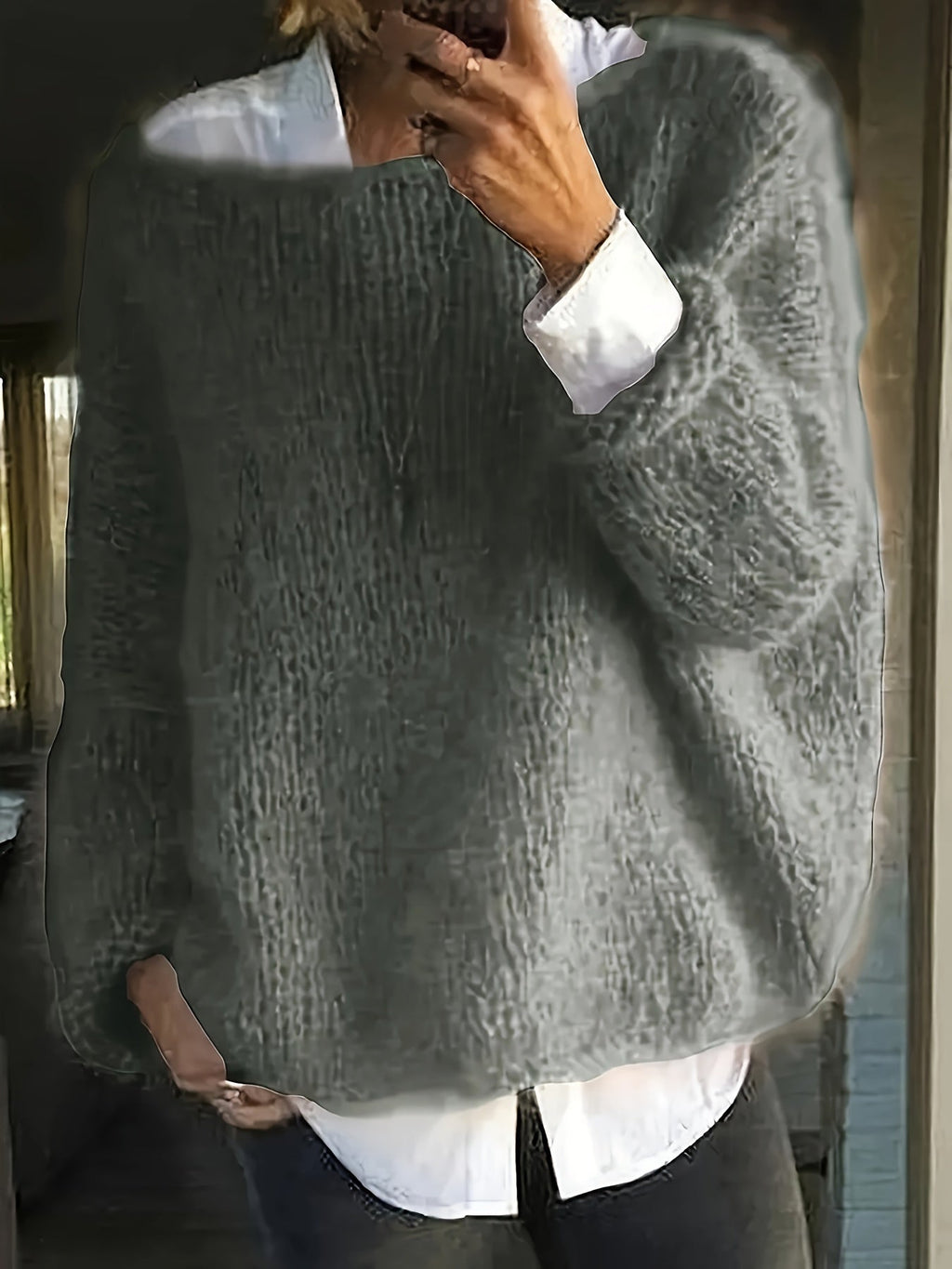Women's oversized fuzzy knit sweater with wide round neckline layered over a white shirt - view 5