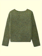 Women's oversized fuzzy knit sweater with wide round neckline layered over a white shirt - view 7