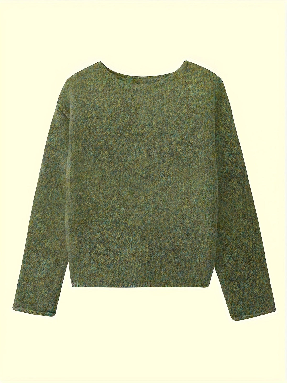Women's oversized fuzzy knit sweater with wide round neckline layered over a white shirt - view 7