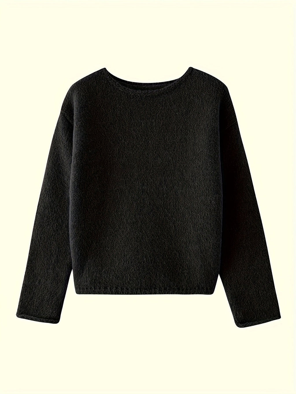 Women's oversized fuzzy knit sweater with wide round neckline layered over a white shirt - view 9