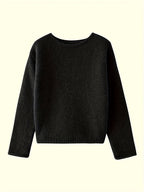 Women's oversized fuzzy knit sweater with wide round neckline layered over a white shirt - view 9