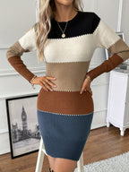 Colorblock bodycon sweater dress with crew neck and long sleeves