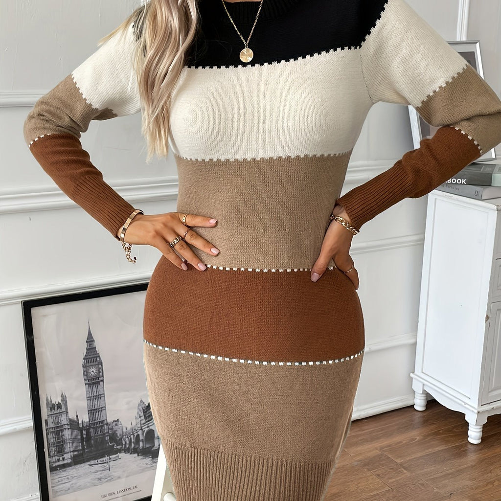 Colorblock bodycon sweater dress with crew neck and long sleeves - view 11