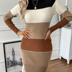 Colorblock bodycon sweater dress with crew neck and long sleeves - view 11