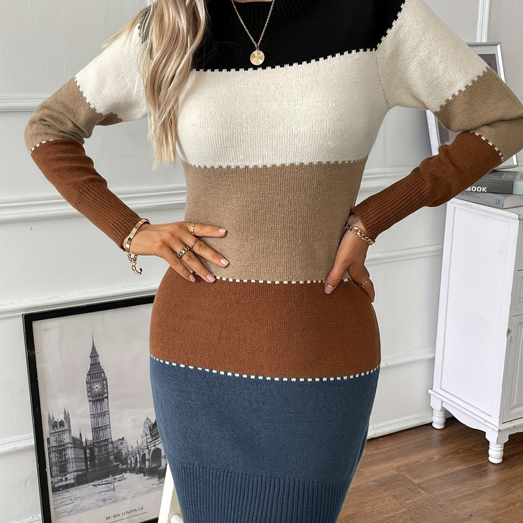 Colorblock bodycon sweater dress with crew neck and long sleeves - view 12