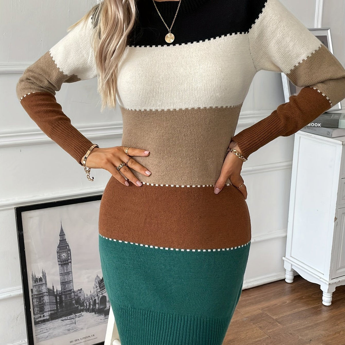 Colorblock bodycon sweater dress with crew neck and long sleeves - view 13